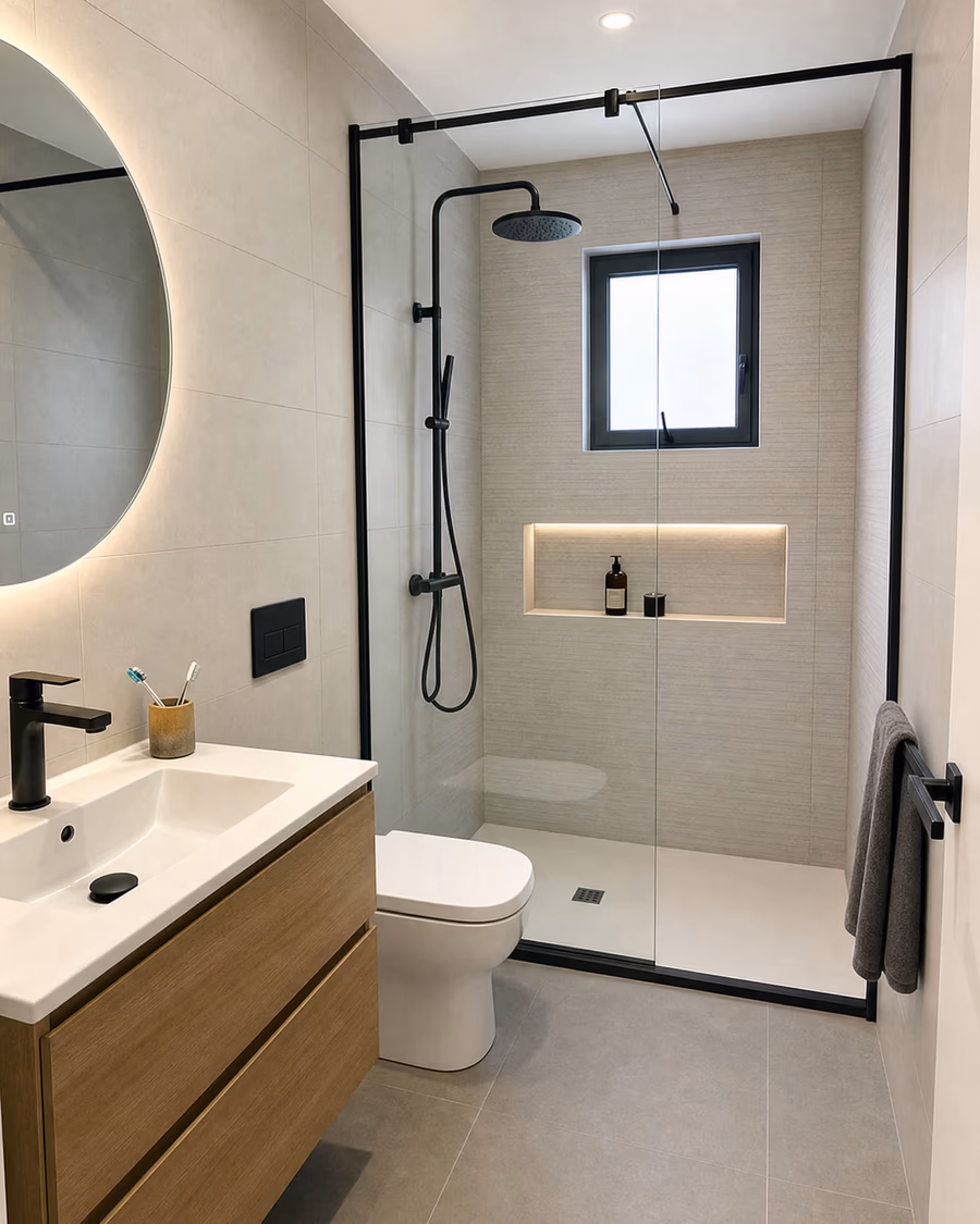 Renovated bathroom with floating wood vanity