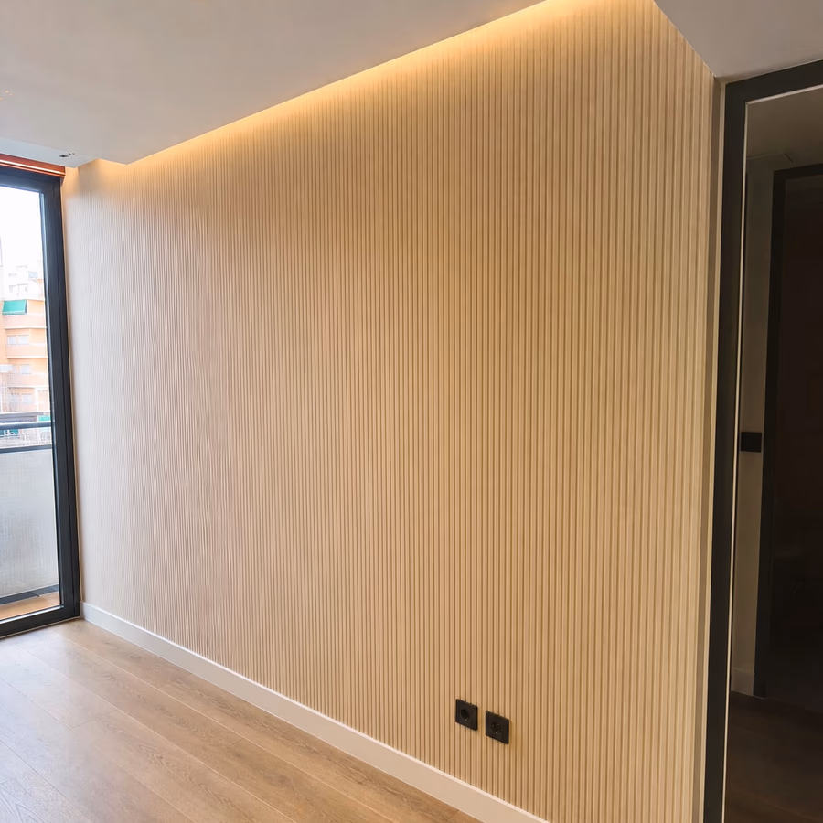 Calm bedroom with fitted wood wardrobe