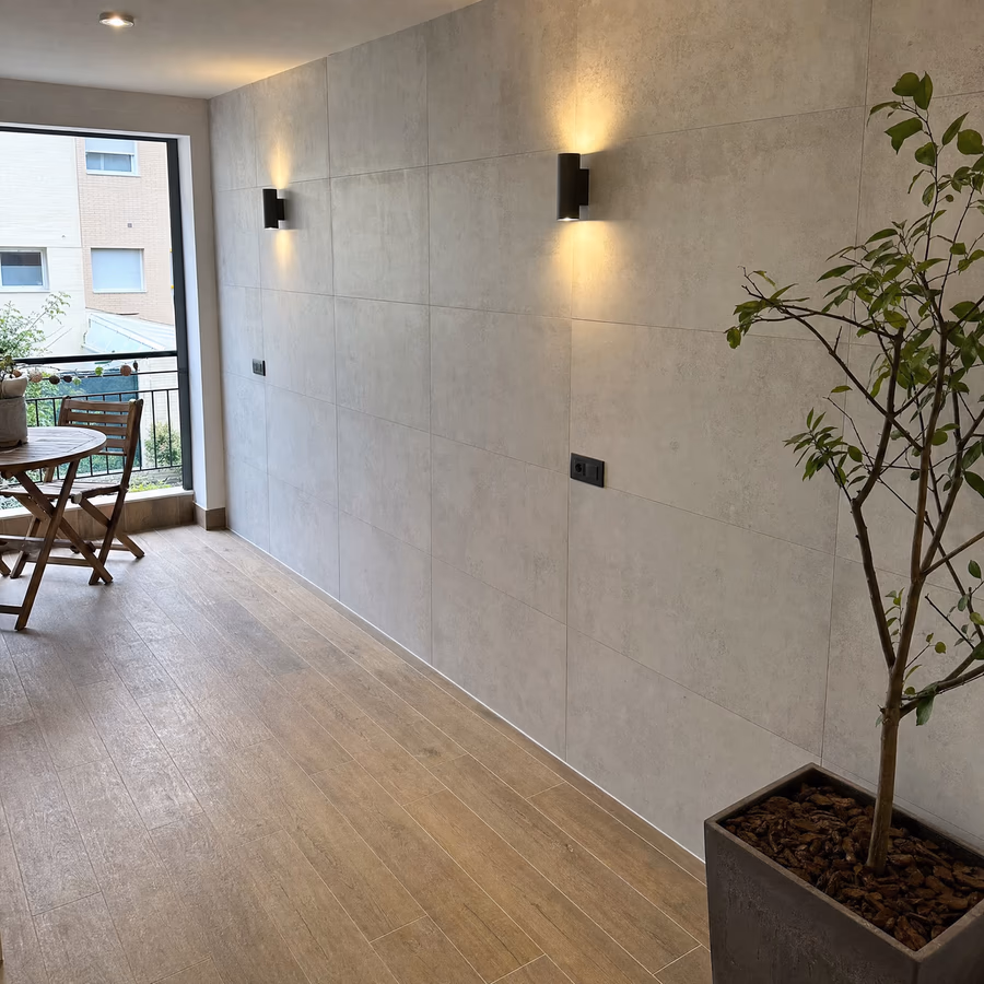 Open-plan living room with wood kitchen